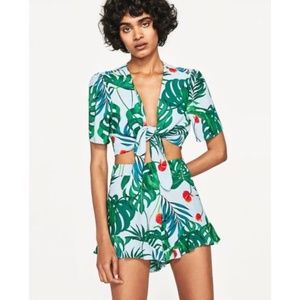 Zara Green Leaf Print Crop Top & Shorts Set